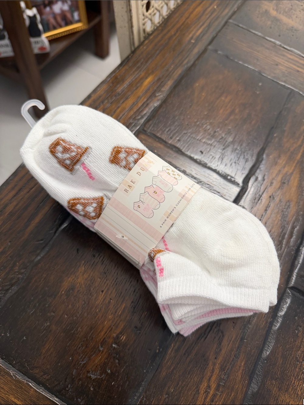 Rae Dunn White/Pink 6 Pairs of Assorted Coffee Theme Cushioned Low Cut Socks